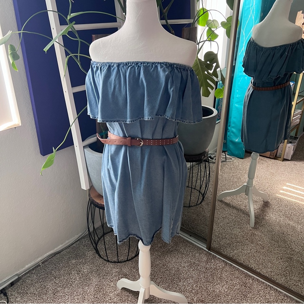 Denim off the shoulder dress with belt